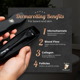 red-blooded derma roller held in hand to show scale and portable grooming benefit