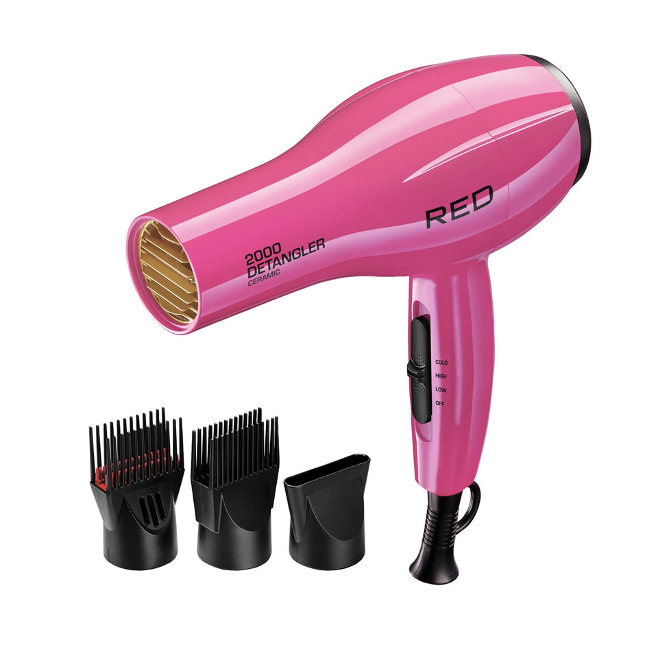 RED by KISS dryer front view in pink showing controls and compact profile for easy styling