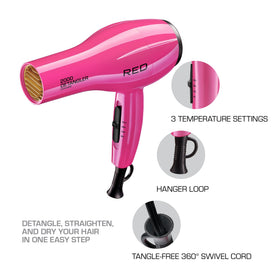 RED by KISS side profile showing handle and hanger loop for tidy storage and grip