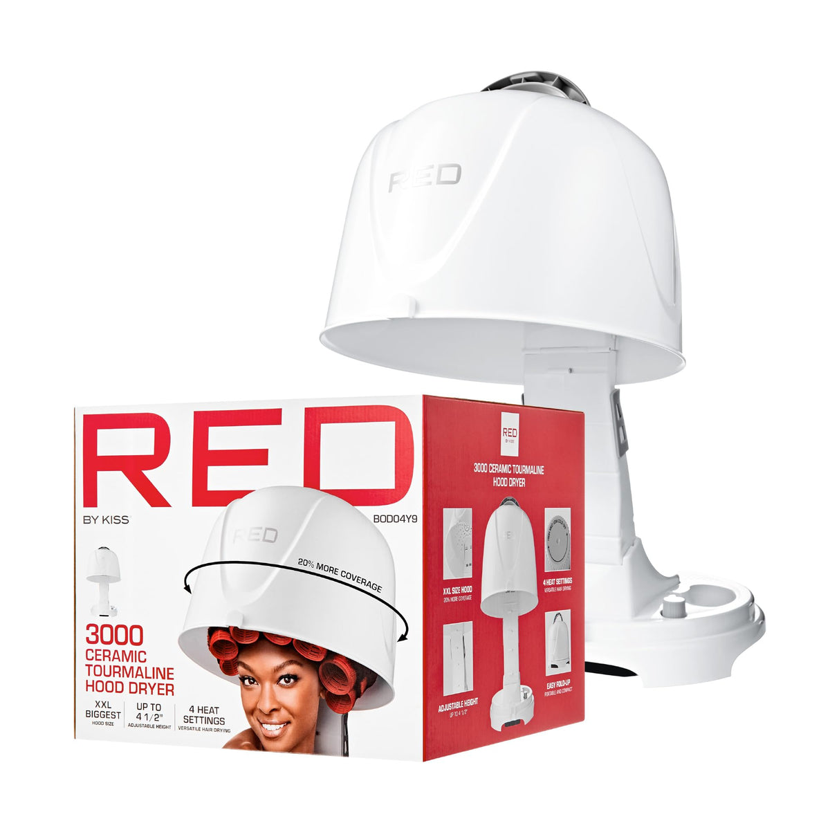 Red by Kiss front view of hood dryer showing large hood and controls for quick salon results