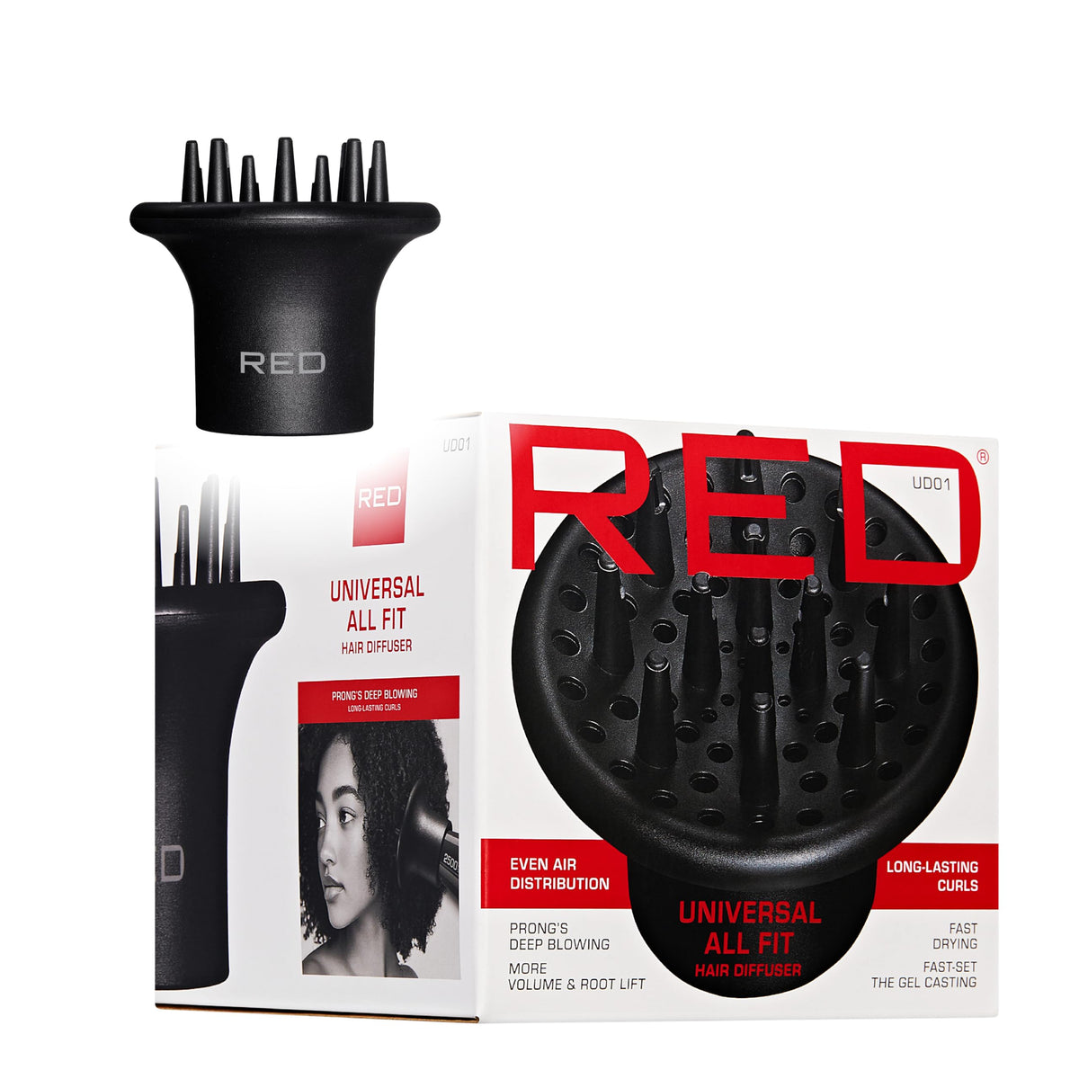 Red by Kiss diffuser front view showing compact design and faster drying benefit