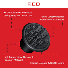 Red by Kiss diffuser long prongs closeup providing root lift and curl definition