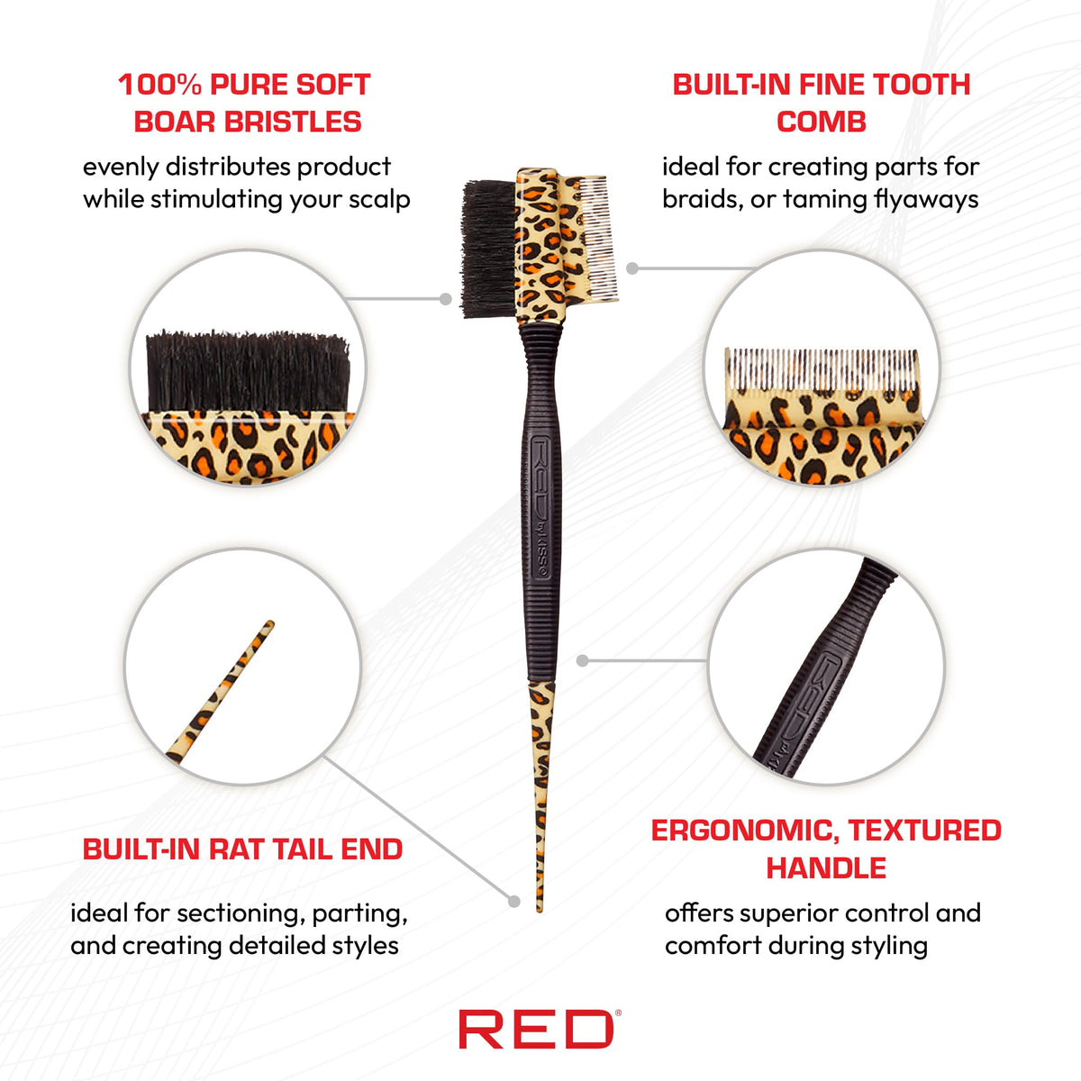 Red by Kiss fine‑tooth comb detail creating crisp parts and refined edges quickly