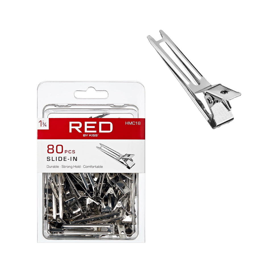 Red by Kiss front packaging showing 80 slide-in metal hair clips, reliable hold