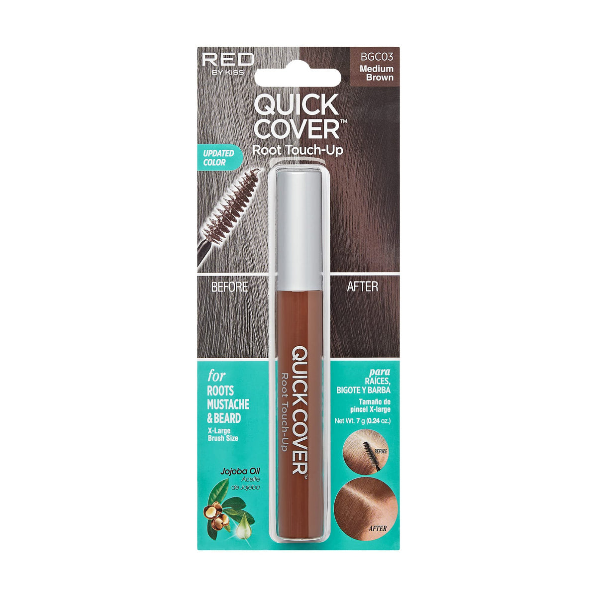 RED by KISS front packaging showing medium brown shade and benefit of instant root coverage