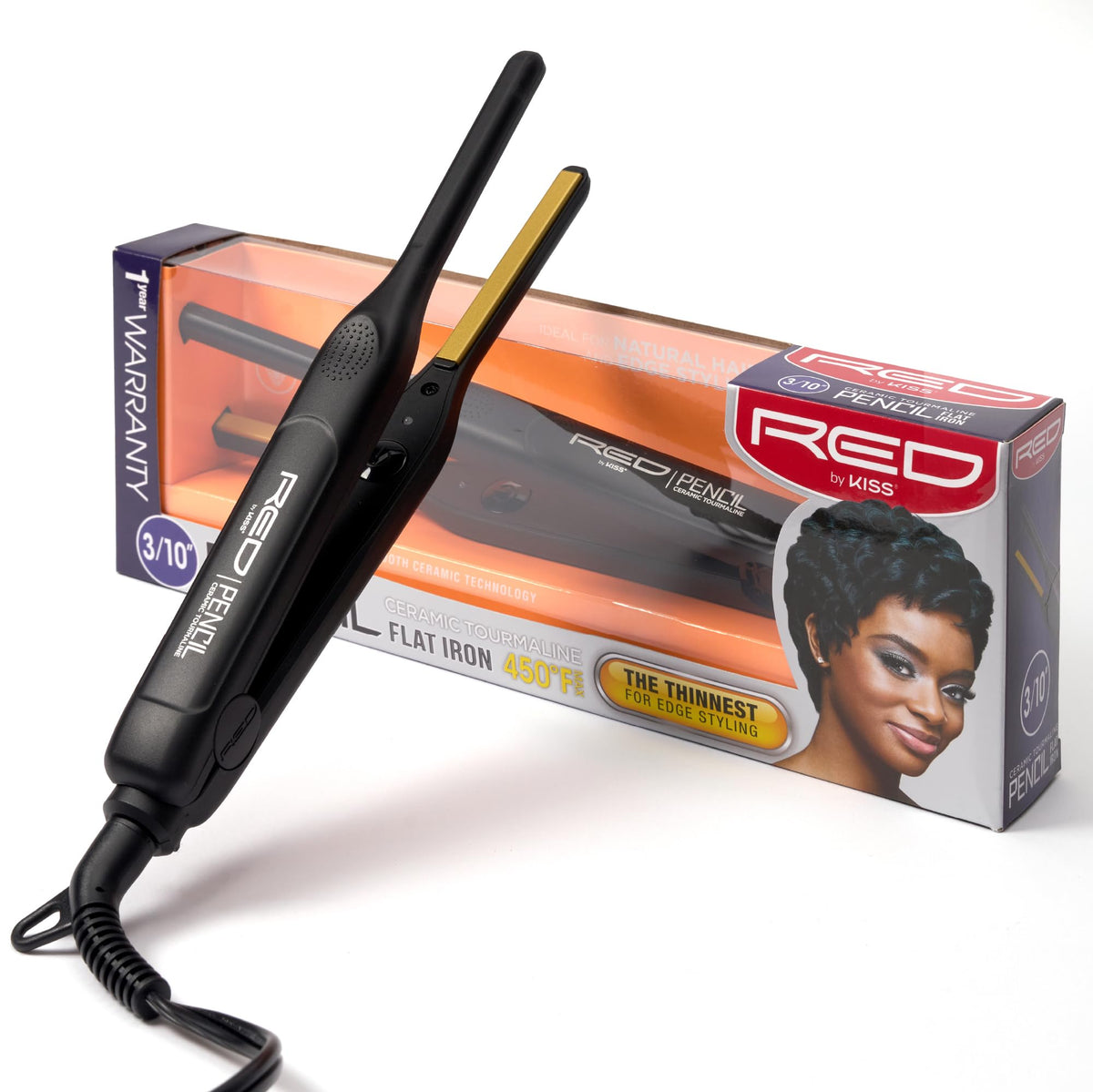 Red by Kiss front view of pencil flat iron showing slim body and black finish for precise styling