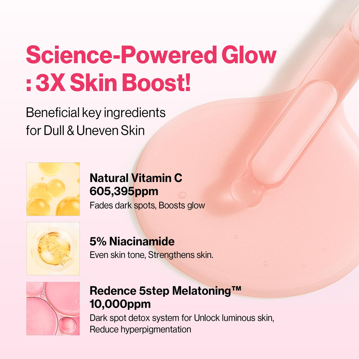 redence ingredient panel listing niacinamide vitamin C and melatonizing complex for clarity