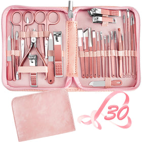 RedFlow front packaging showing full 30-piece manicure kit and leather case convenience