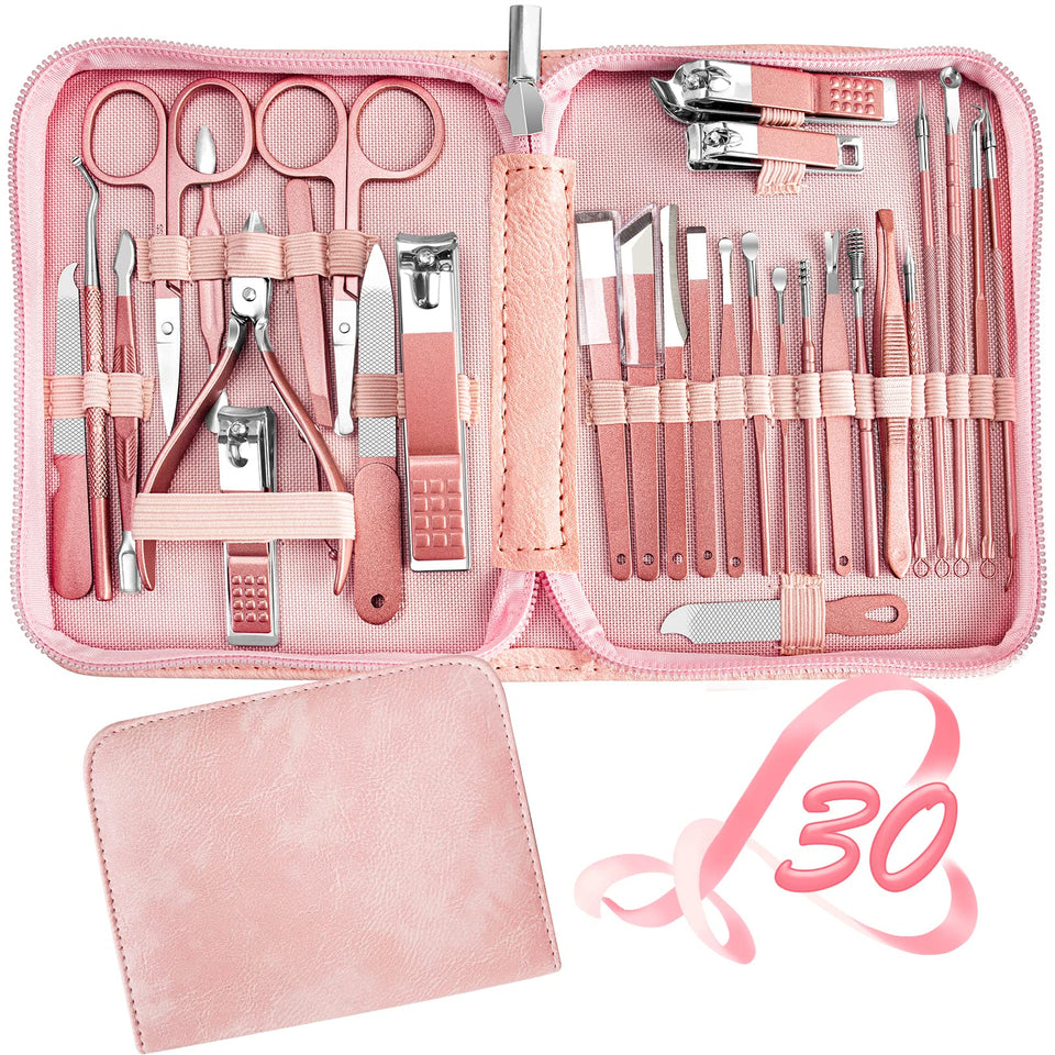 RedFlow front packaging showing full 30-piece manicure kit and leather case convenience