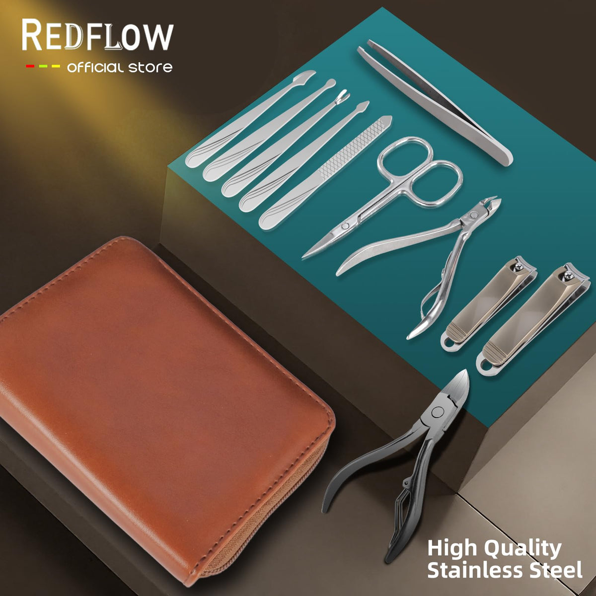 RedFlow kit open showing eleven stainless steel tools for versatile grooming