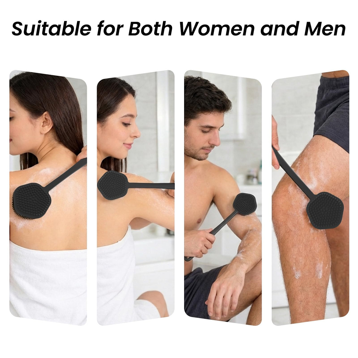Redfly in-shower demonstration on back illustrating comfortable reach and cleaning
