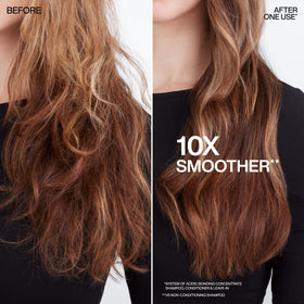 Redken leave-in application on damp hair for heat protection benefit