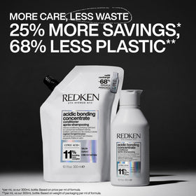 Redken refill packaging emphasizing reduced plastic and value