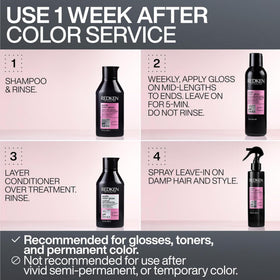 Redken spray in use during styling protects hair from heat while adding gloss