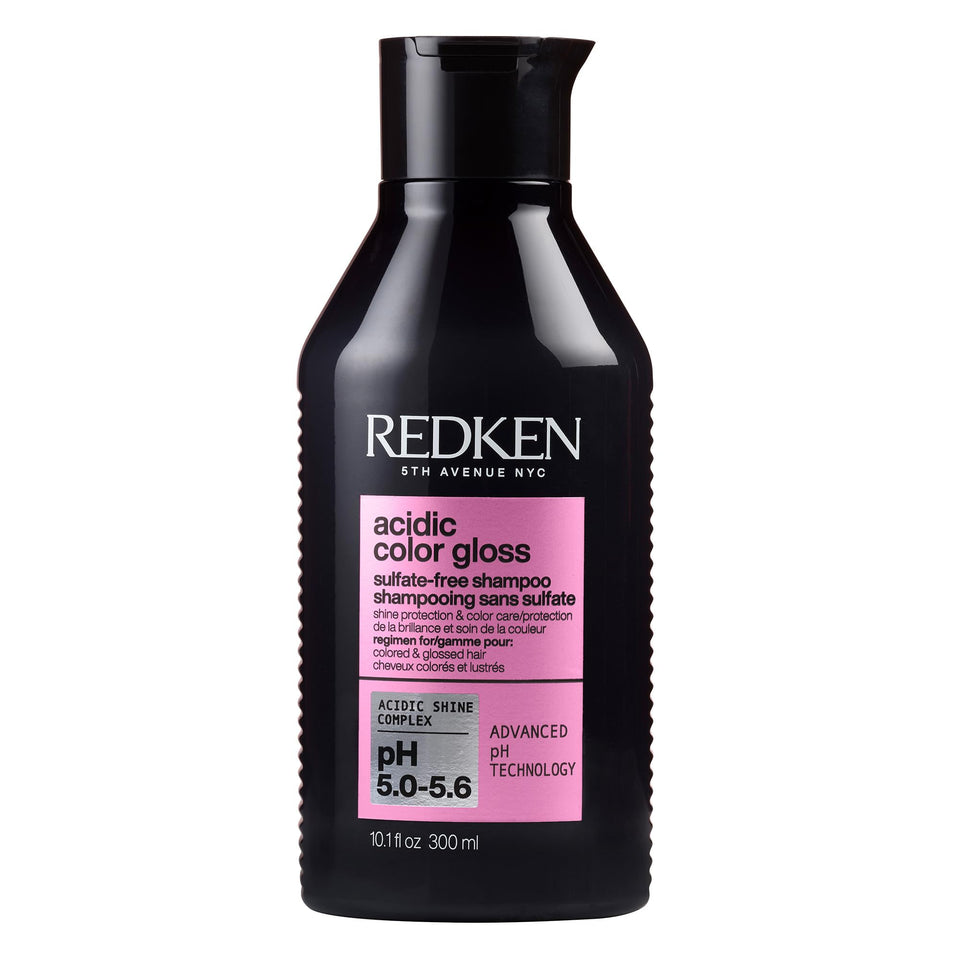 Redken front bottle showing Acidic Color Gloss Shampoo and benefits