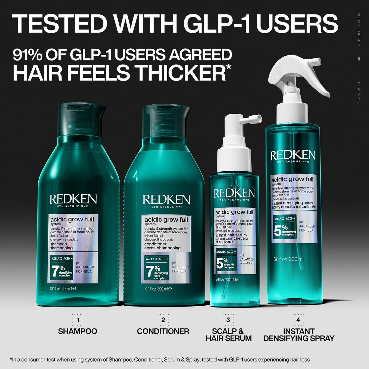 Redken label detail with ingredient list visible, communicates formula transparency and benefits