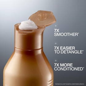 Close-up of Redken All Soft pump dispensing product for easy application and controlled use