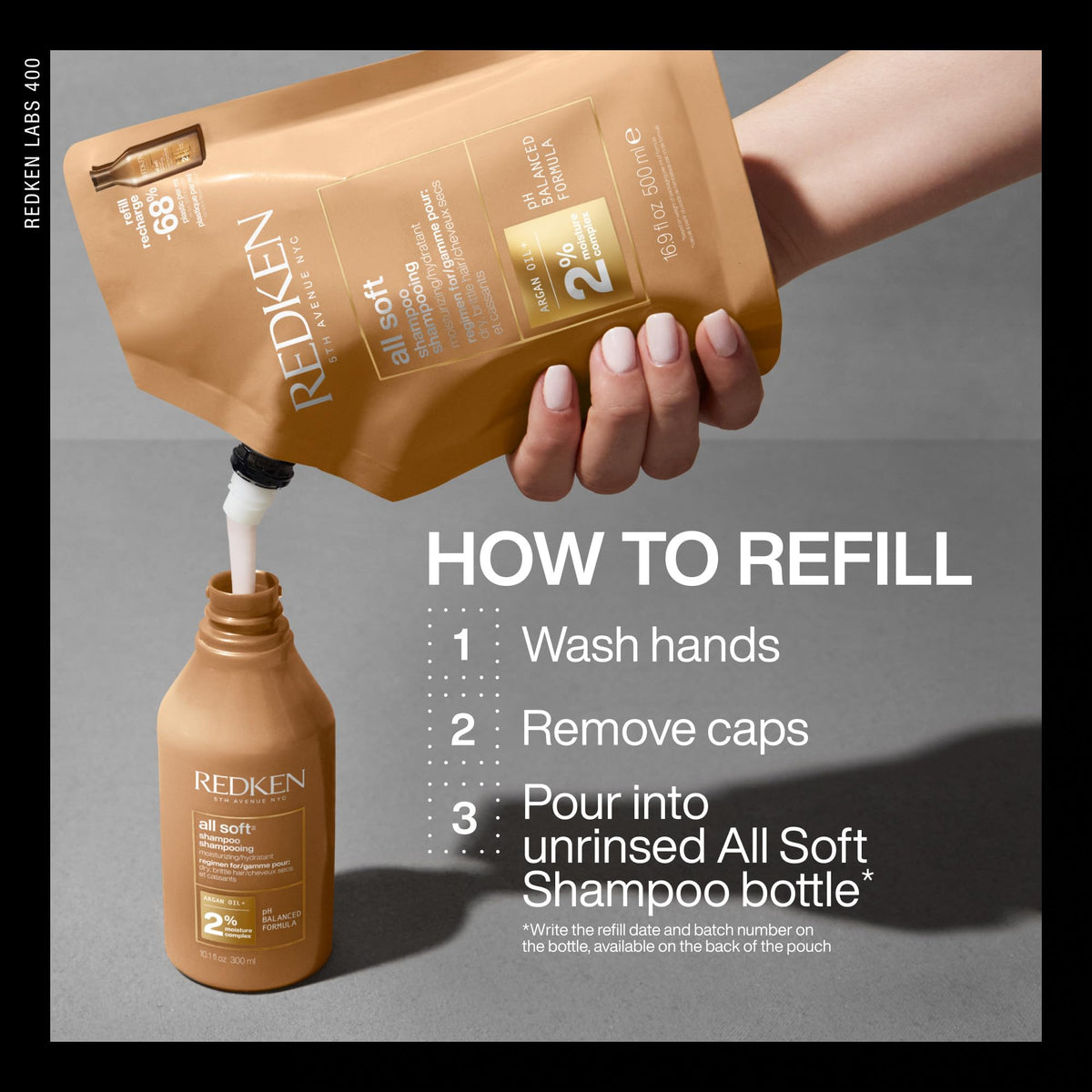 Redken All Soft shampoo on bathroom shelf in lifestyle setting promoting everyday use