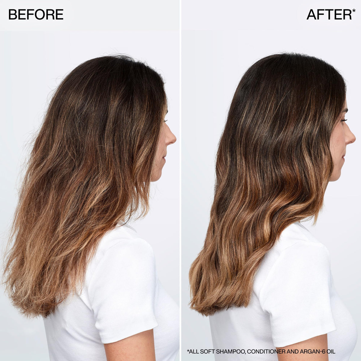 Redken All Soft leave-in treatment pump detail demonstrating easy travel application