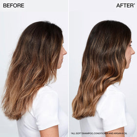 Redken All Soft leave-in treatment pump detail demonstrating easy travel application