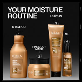 Redken All Soft placed on bathroom shelf showing salon-quality care benefit