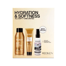 Redken All Soft mini kit front packaging showing three travel bottles and benefits