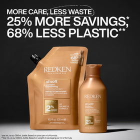 Redken All Soft refill next to bottle for scale showing cost-savings and refillability
