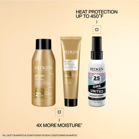 Redken All Soft shampoo and conditioner close-up highlighting label and moisture complex