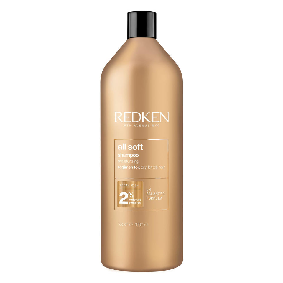 Redken All Soft shampoo front bottle showing clean design and brand benefits