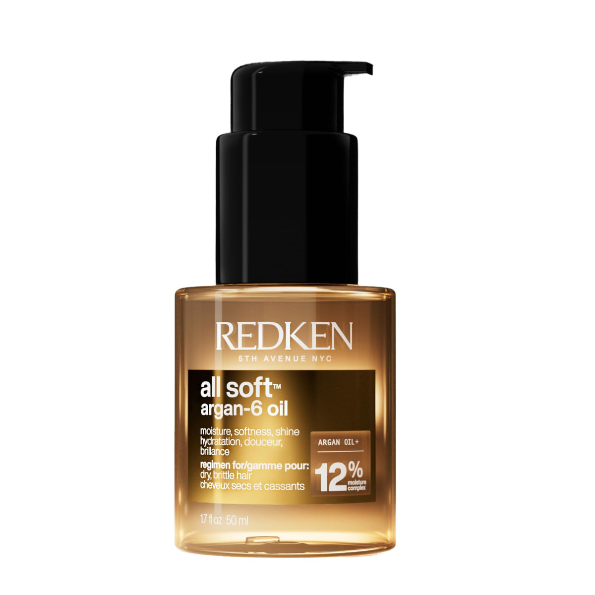 Redken All Soft Argan-6 front bottle view showing compact treatment packaging and convenience