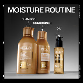 Redken label close-up showing Argan Oil and 12% Moisture Complex ingredient emphasis