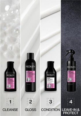 Redken before and after shine comparison showing visibly glossier color-treated hair