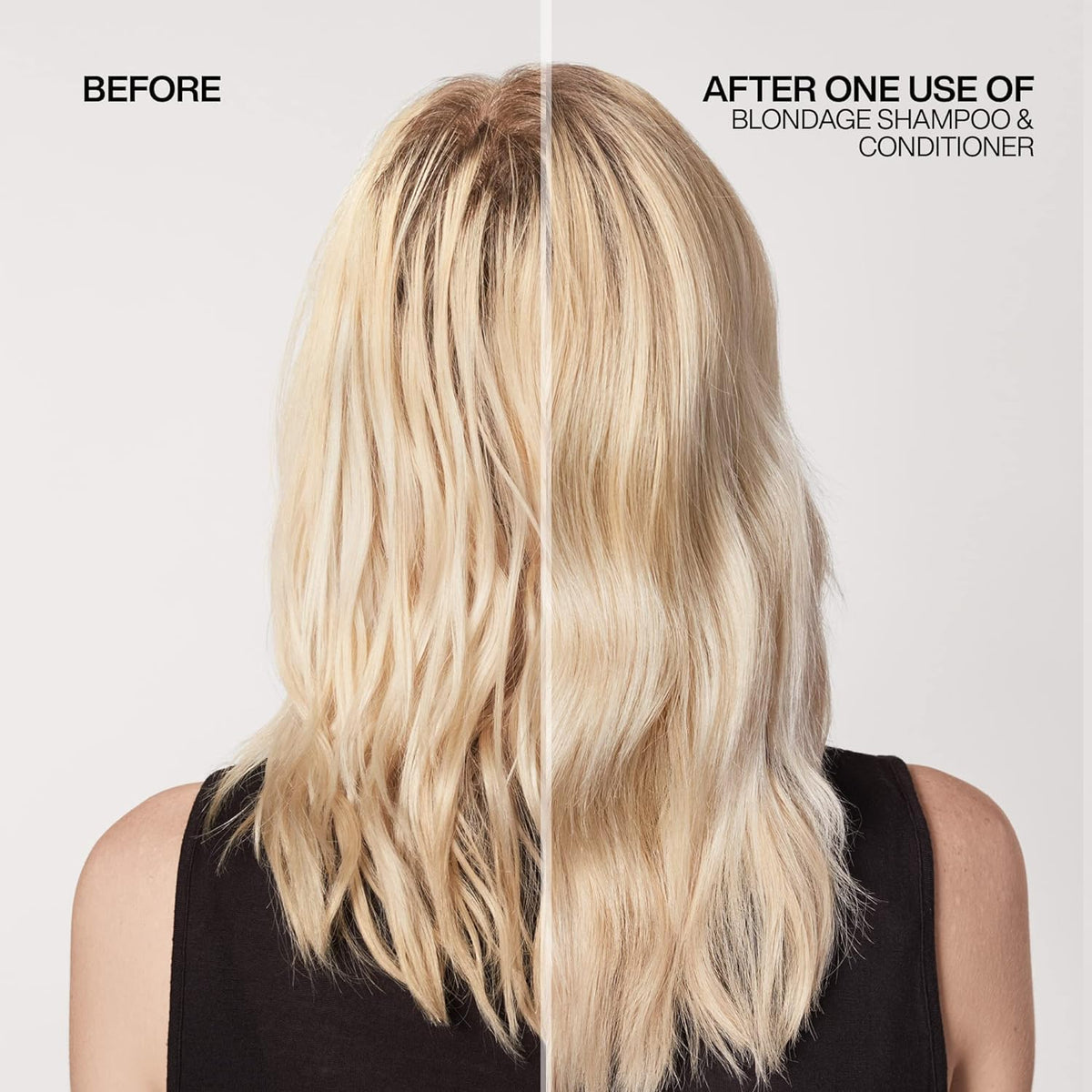 Redken Blondage before and after photos showing reduced brass and cooler blonde