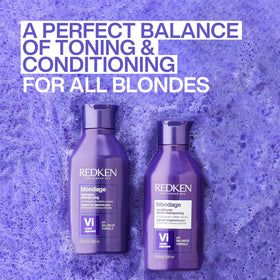 Redken Blondage on blonde hair after conditioning showing cooler tone benefit