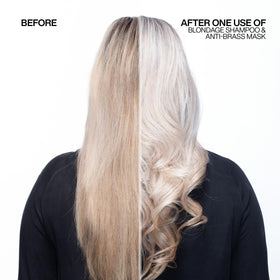 Redken Blondage in use on wet blonde hair demonstrating brass-neutralizing results