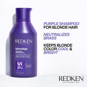 Redken Blondage shampoo pouring and lathering to show purple pigment and application benefits