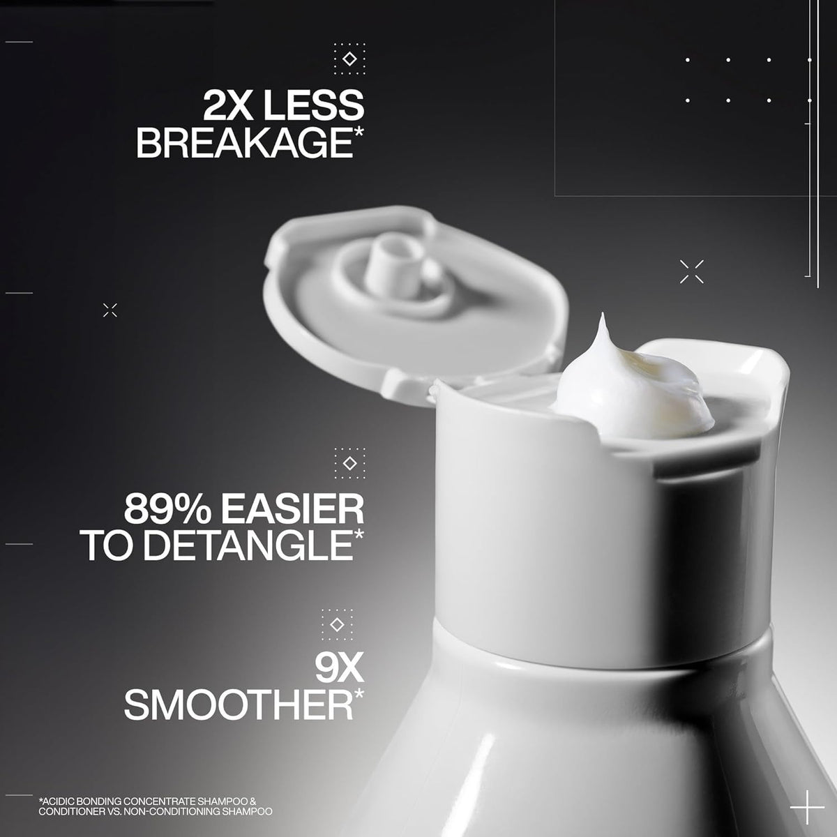 Redken bonding conditioner pump and label close-up indicating concentrated formula