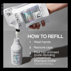 Redken bottle with pump next to refill illustrating refill convenience and economy