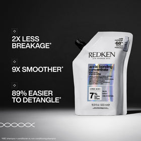 Redken refill bag label highlighting eco savings and product identity benefits