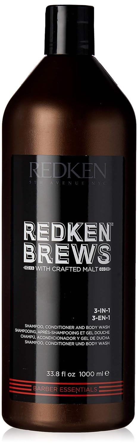 Redken Brews front packaging shows large 33.8 oz bottle for streamlined grooming