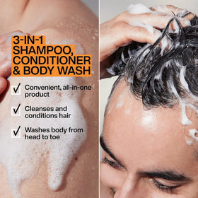 Redken Brews pump and label detail highlighting brand and easy dispensing benefit