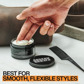 Redken Brews back label showing ingredients and easy-rinse water-soluble formula