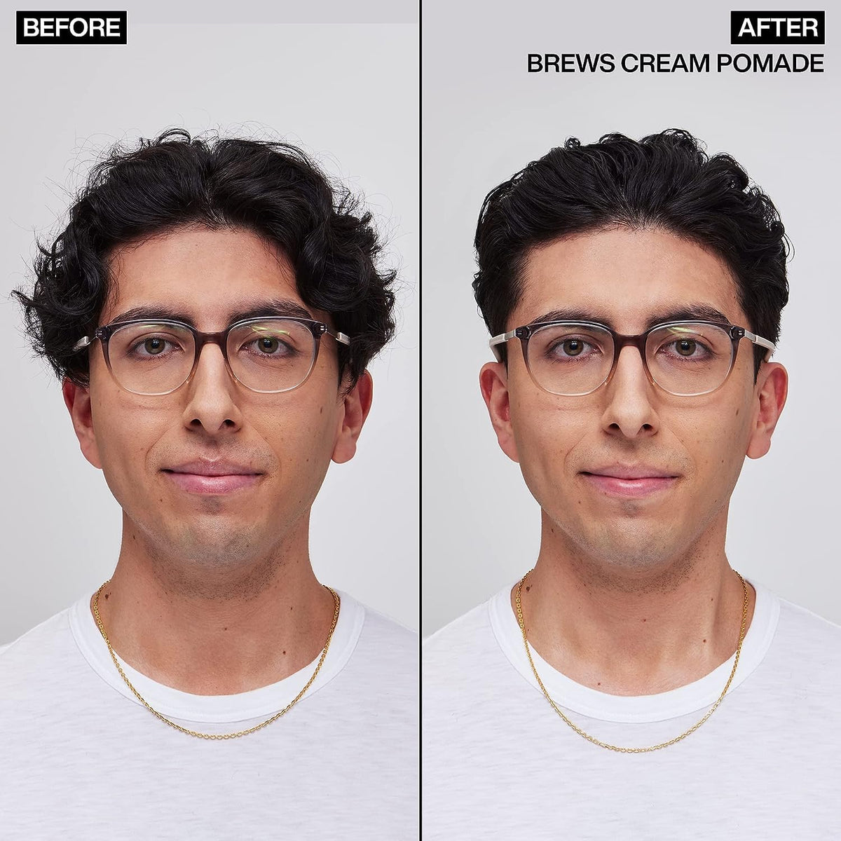 Redken Brews cream on fingers demonstrating easy application and flexible styling