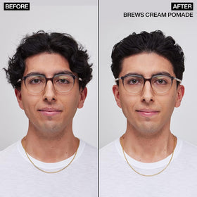 Redken Brews cream on fingers demonstrating easy application and flexible styling