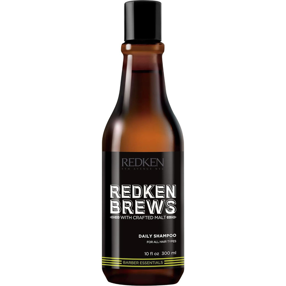 Redken Brews front packaging shows bottle and brand, clear daily-care benefit