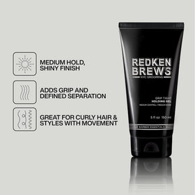 Redken Brews label close-up highlighting ingredients and usage benefits