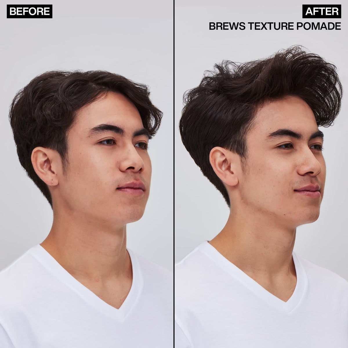 Redken Brews styled hair before and after showing textured finish