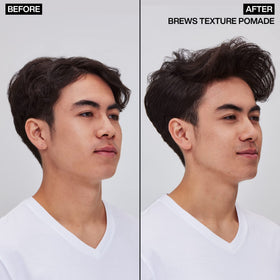Redken Brews styled hair before and after showing textured finish