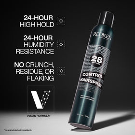 Redken Control Hairspray 28 side label detail highlighting features and ingredients
