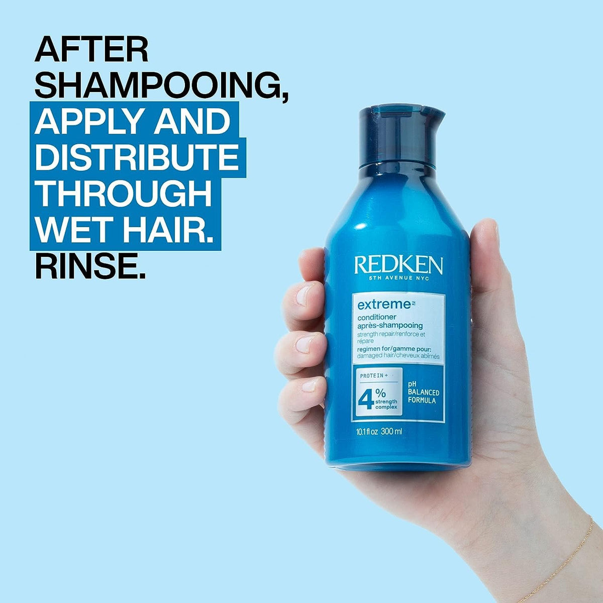 Redken Extreme Conditioner next to ruler showing 10.1 fl oz size and value